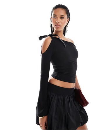 one shoulder bow tie one sve top in black
