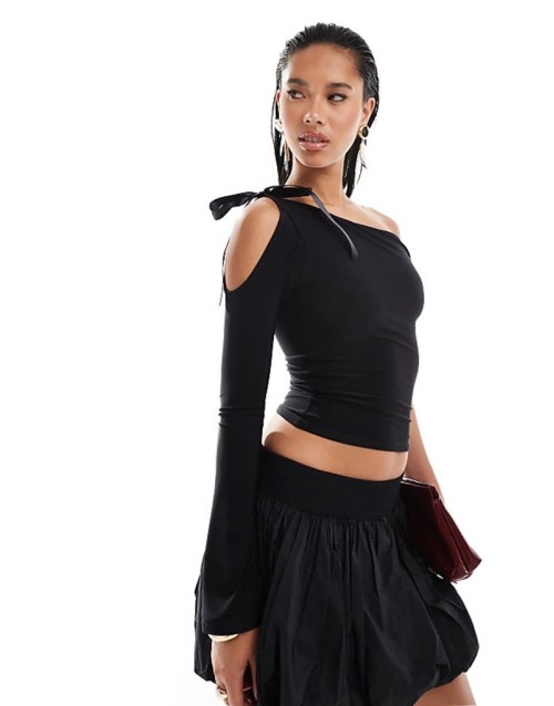 one shoulder bow tie one sve top in black