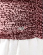 textured ruched one shoulder top in burgundy