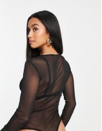 Petite mesh long sve bodysuit in black