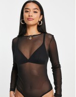 Petite mesh long sve bodysuit in black