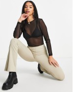 Petite mesh long sve bodysuit in black