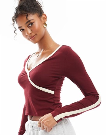 wrap long sve with sporty tipping detail in wine
