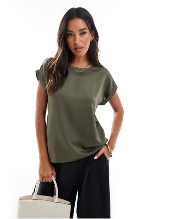 satin front t-shirt with turn up sve in dusty olive