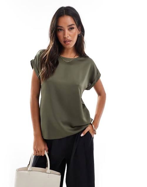 satin front t-shirt with turn up sve in dusty olive