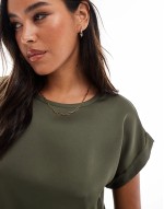 satin front t-shirt with turn up sve in dusty olive