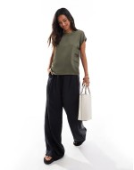 satin front t-shirt with turn up sve in dusty olive