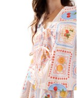 postcard print tie front blouse