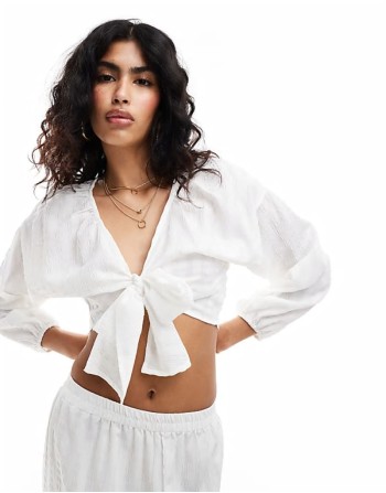 puff sve tie front beach top co-ord in off white