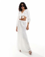puff sve tie front beach top co-ord in off white