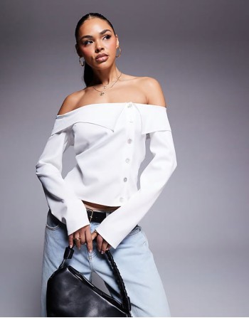off shoulder button through top in cream