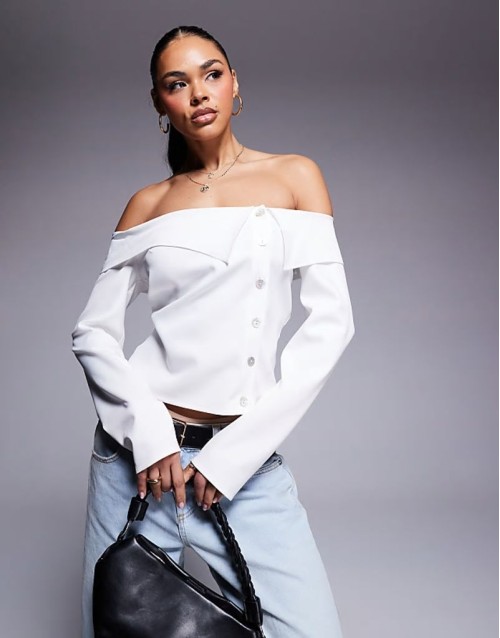 off shoulder button through top in cream