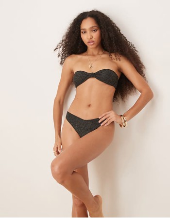 mix and match knot front bandeau bikini with gold glitter thread and removeable padding in black