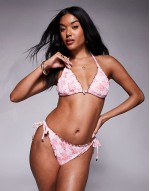 floral broderie triangle bikini top in pink