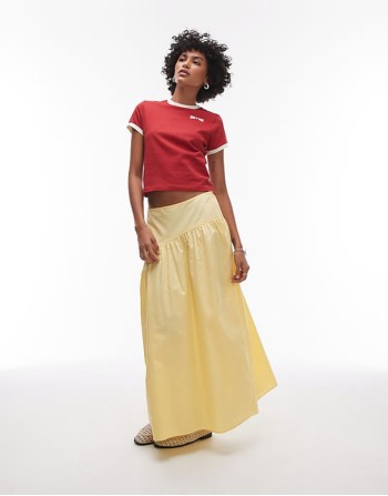 poplin full skirt with curved dropped waistband in yellow