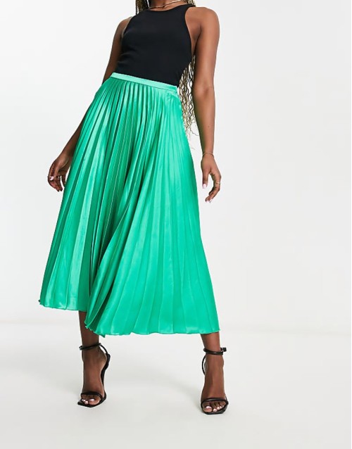 satin pleated midi skirt in emerald green