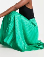 satin pleated midi skirt in emerald green