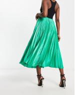 satin pleated midi skirt in emerald green