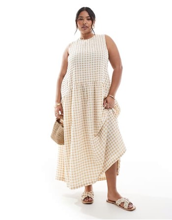 Plus exclusive open tie back detail sveless smock maxi dress in beige gingham