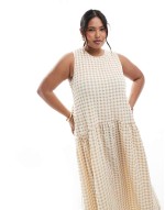 Plus exclusive open tie back detail sveless smock maxi dress in beige gingham