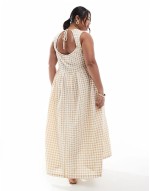 Plus exclusive open tie back detail sveless smock maxi dress in beige gingham