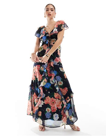 frill maxi dress with lace trims and keyhole detail in navy floral