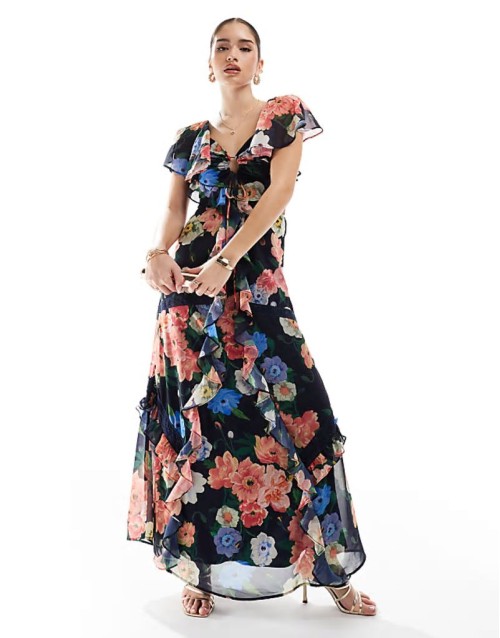 frill maxi dress with lace trims and keyhole detail in navy floral