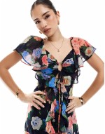 frill maxi dress with lace trims and keyhole detail in navy floral