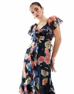 frill maxi dress with lace trims and keyhole detail in navy floral