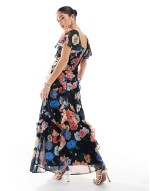 frill maxi dress with lace trims and keyhole detail in navy floral