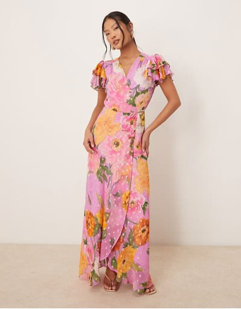 frill sve maxi wrap dress with tie waist in pink floral print