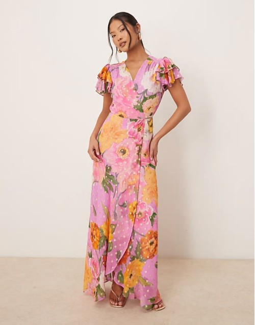frill sve maxi wrap dress with tie waist in pink floral print