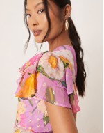 frill sve maxi wrap dress with tie waist in pink floral print