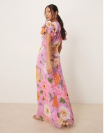 frill sve maxi wrap dress with tie waist in pink floral print