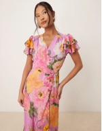 frill sve maxi wrap dress with tie waist in pink floral print