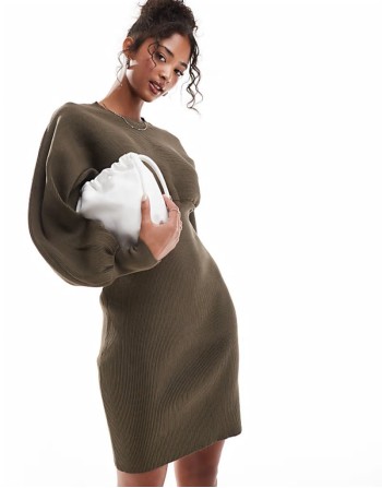 balloon sve mini dress in olive - DGREEN