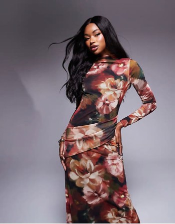 high neck long sve maxi dress in floral black print