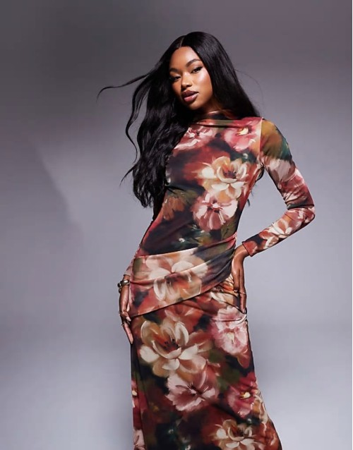 high neck long sve maxi dress in floral black print