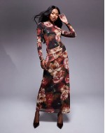 high neck long sve maxi dress in floral black print