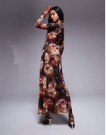 high neck long sve maxi dress in floral black print
