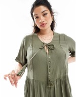 tie front midi dress in khaki