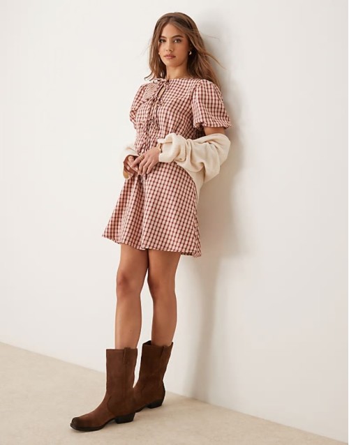 smock dress with puff sves and tie front in brown check