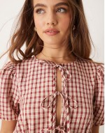 smock dress with puff sves and tie front in brown check