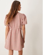 smock dress with puff sves and tie front in brown check