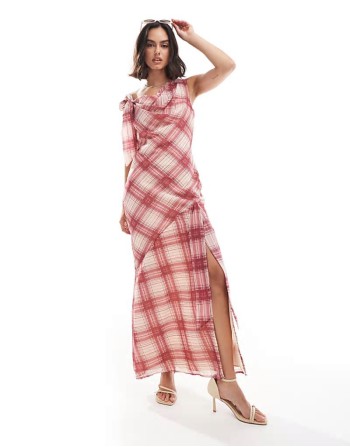 bow detail cowl midi dress in check print