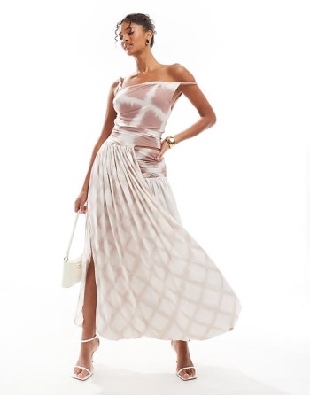 twist detail mix midi dress with fold up skirt in brown dye print