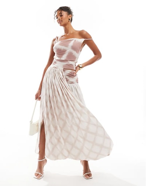 twist detail mix midi dress with fold up skirt in brown dye print