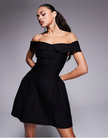 foldover skater mini dress in black