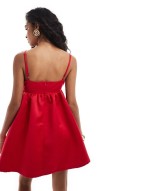 exclusive taffeta tie front cami babydoll mini dress in red