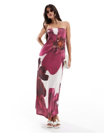bandeau column midi dress in white oversized floral print